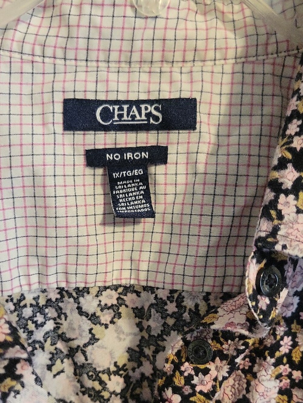 Chaps Sz1X Black Collared, LSleeve cotton Shirt with Light Pink Floral Pattern - Picture 2 of 4